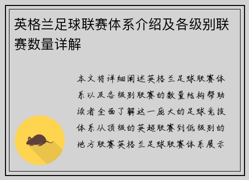 英格兰足球联赛体系介绍及各级别联赛数量详解