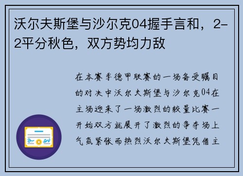 沃尔夫斯堡与沙尔克04握手言和，2-2平分秋色，双方势均力敌